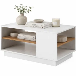 Tavolino da Salotto Bianco Marrone Rovere 2 Vani Forma Rettangolare 100x46x60h cm, Colore Ripiano Bianco - Karada