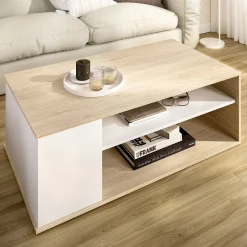 Tavolino da Salotto Bianco Marrone Rovere Cassetti 50x100x42h cm, 3 Vani - Fargo