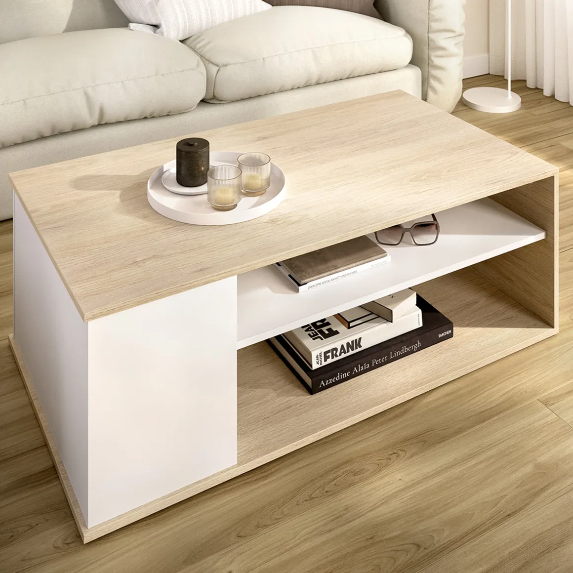 Tavolino da Salotto Bianco Marrone Rovere Cassetti 50x100x42h cm, 3 Vani - Fargo
