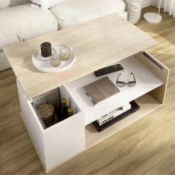 Tavolino da Salotto Bianco Marrone Rovere Cassetti 50x100x42h cm, 3 Vani - Fargo