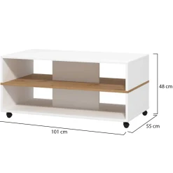 Tavolino da Salotto Bianco Marrone Rovere Nodi con Ruote 2 Vani 101x54.5x47.5h cm, Forma Rettangolare - Erice
