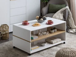 Tavolino da Salotto Bianco Marrone Rovere Nodi con Ruote 2 Vani 101x54.5x47.5h cm, Forma Rettangolare - Erice