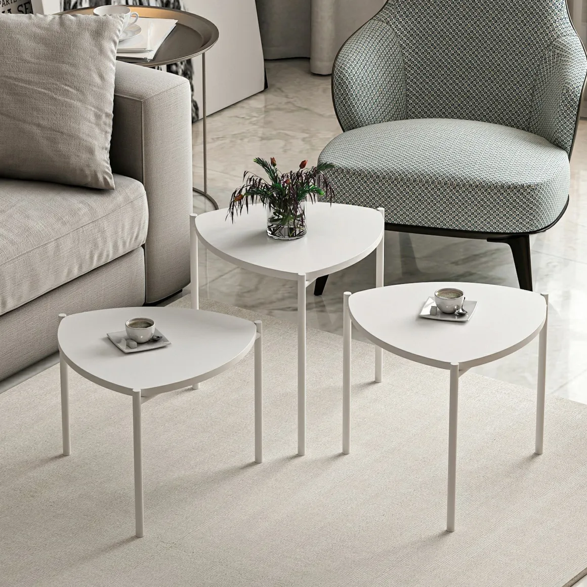 Tavolino da Salotto Bianco Modulabile Forma Triangolare 45x45x45h cm, Materiale Piano in Legno Nobilitato - Carro