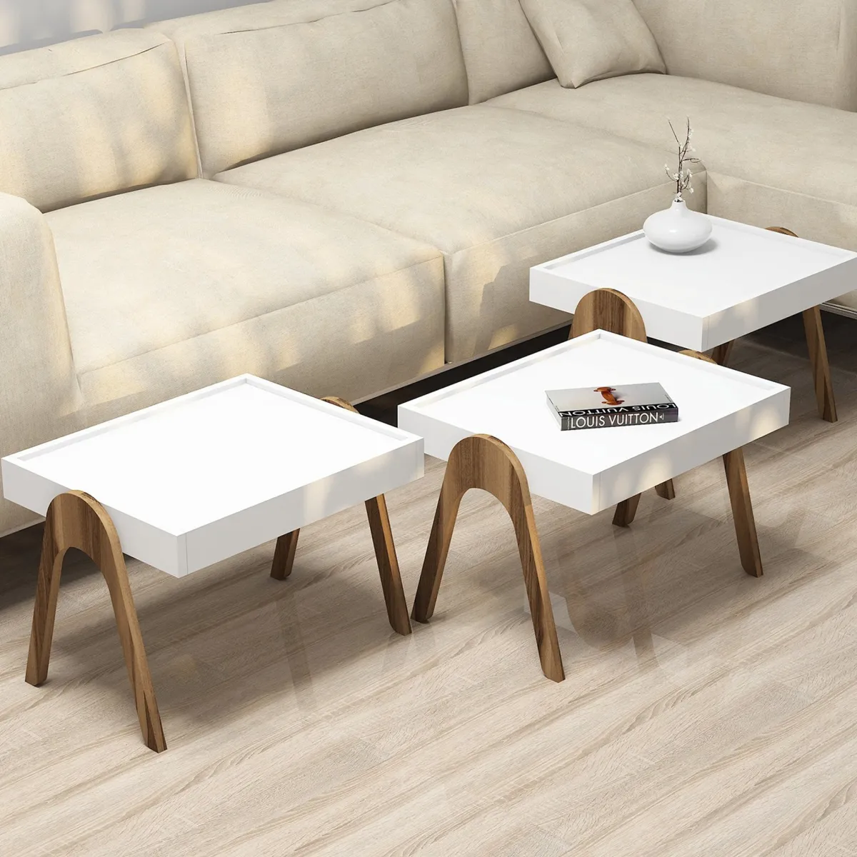 Tavolini Da Salotto > Dmora Tavolino da Salotto Bianco Noce Marrone set 3 Pezzi Impilabili Forma Rettangolare 54x40x64h cm, Colore Struttura Marrone - Strembo Marrone, Bianco Noce