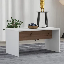 Tavolino da Salotto Bianco Opaco Marrone Rovere Nodi Forma Rettangolare Colore Ripiano Bianco 90x50x47h cm, Colore Struttura Marrone - Limatola