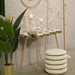Tavolini Da Salotto > Dmora Tavolino da Salotto Bianco oro Forma Rotondo Colore Ripiano Bianco 43x35x43h cm, Materiale Struttura in Plastica - Kep Oro, Bianco