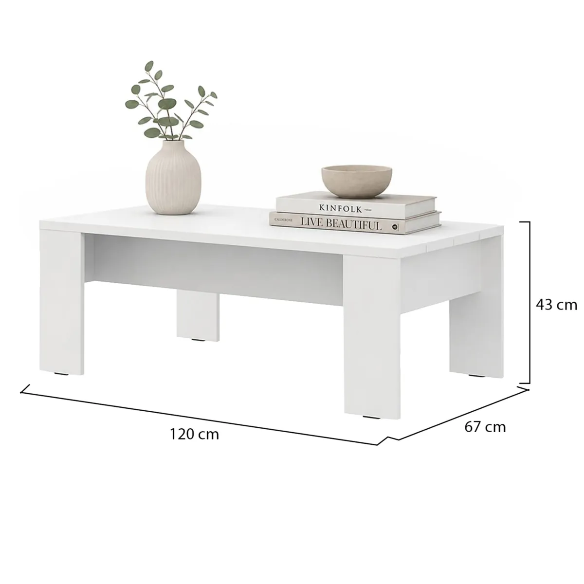 Tavolini Da Salotto > Dmora Tavolino da Salotto Piano Effetto Doghe Forma Rettangolare 120x67x43h cm, Colore Ripiano - Bertona Bianco