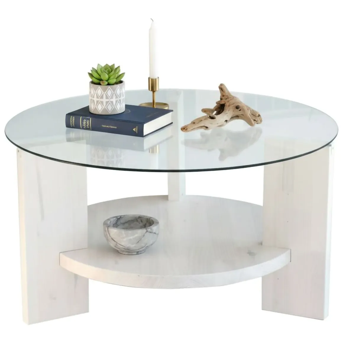 Tavolino da Salotto Bianco Portariviste Forma Rotonda 75x75x40h cm, Materiale Piano in Vetro - Felino