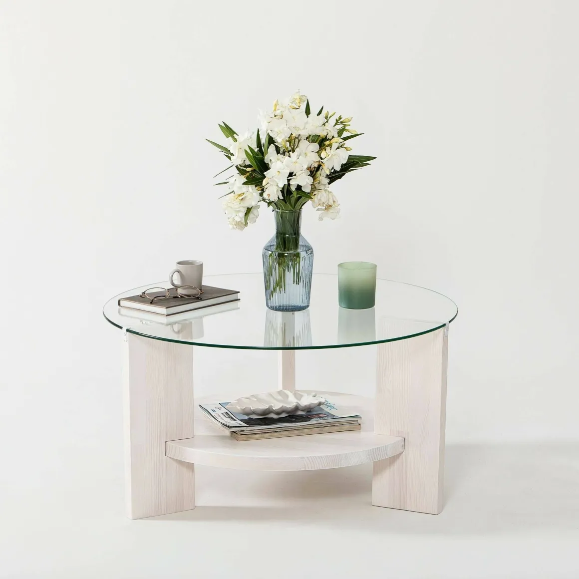 Tavolino da Salotto Bianco Portariviste Forma Rotonda 75x75x40h cm, Materiale Piano in Vetro - Felino