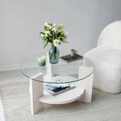 Tavolino da Salotto Bianco Portariviste Forma Rotonda 75x75x40h cm, Materiale Piano in Vetro - Felino