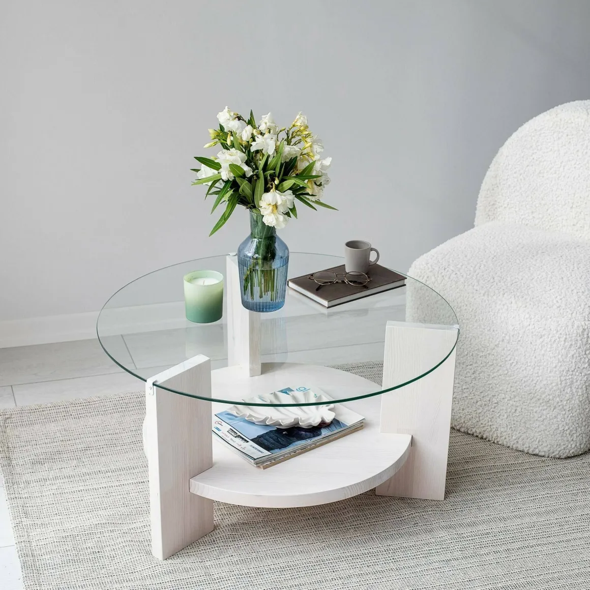 Tavolino da Salotto Bianco Portariviste Forma Rotonda 75x75x40h cm, Materiale Piano in Vetro - Felino