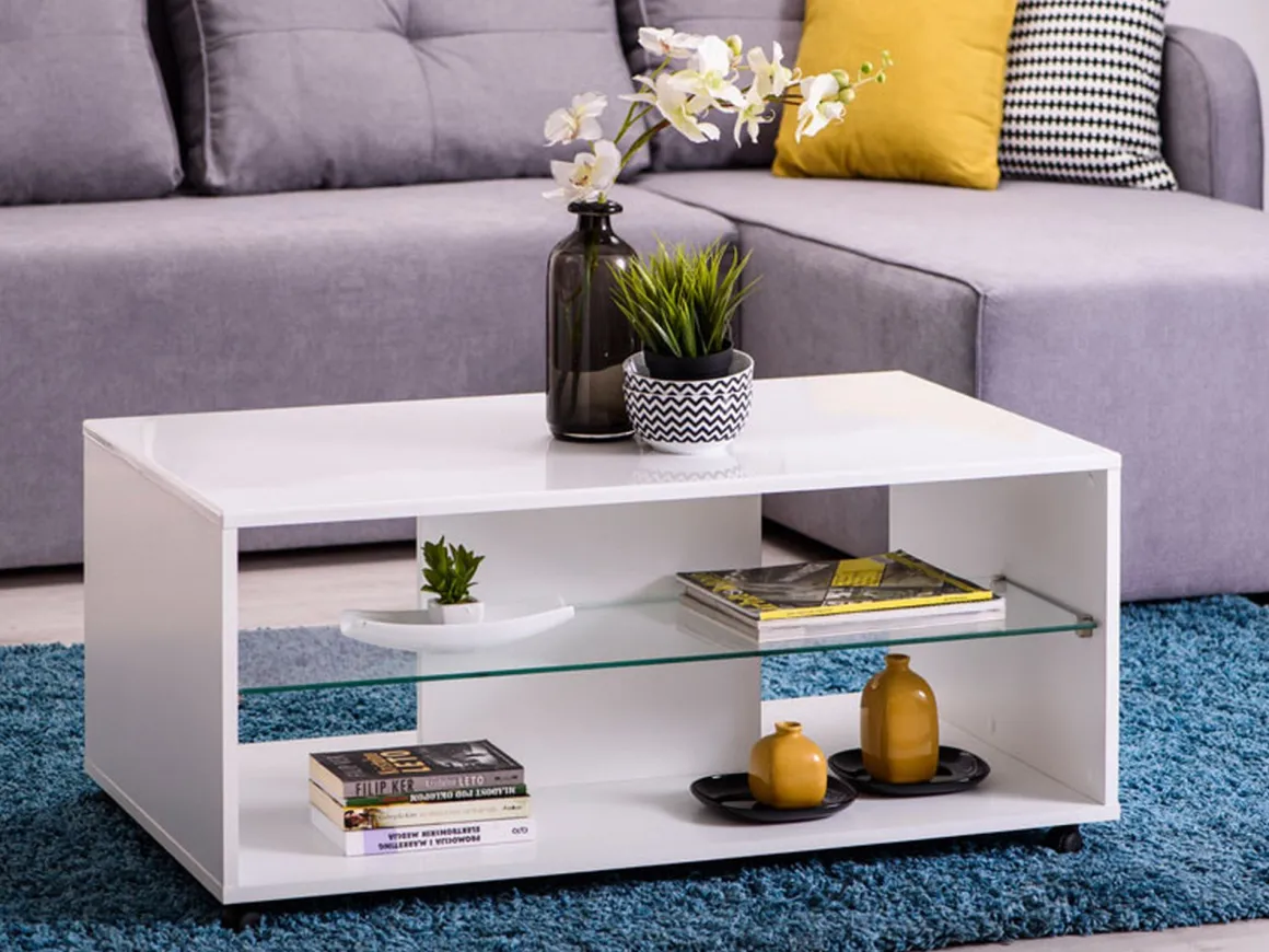 Tavolini Da Salotto > Dmora Tavolino da Salotto 3 Vani Forma Rettangolare 101x58x53.5h cm, Materiale Piano in Legno Nobilitato - Vervio Bianco