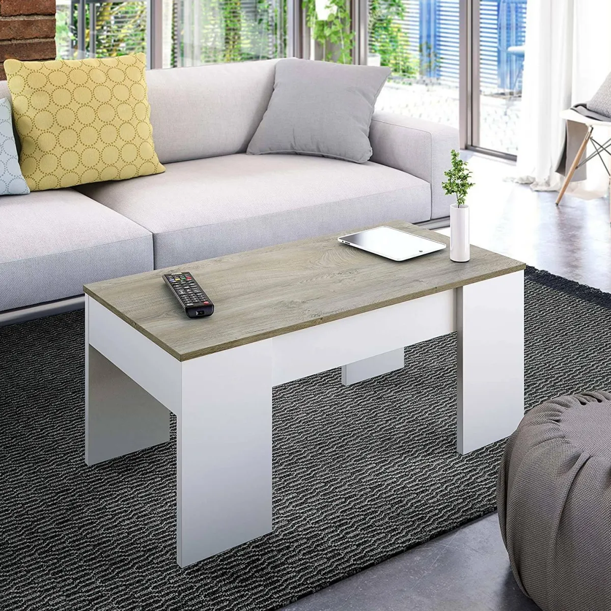 Salotto > Dmora Tavolino da salotto Dleal, 100x50h45/56 cm, Bianco e Rovere Nodi Marrone, Bianco Rovere Nodi
