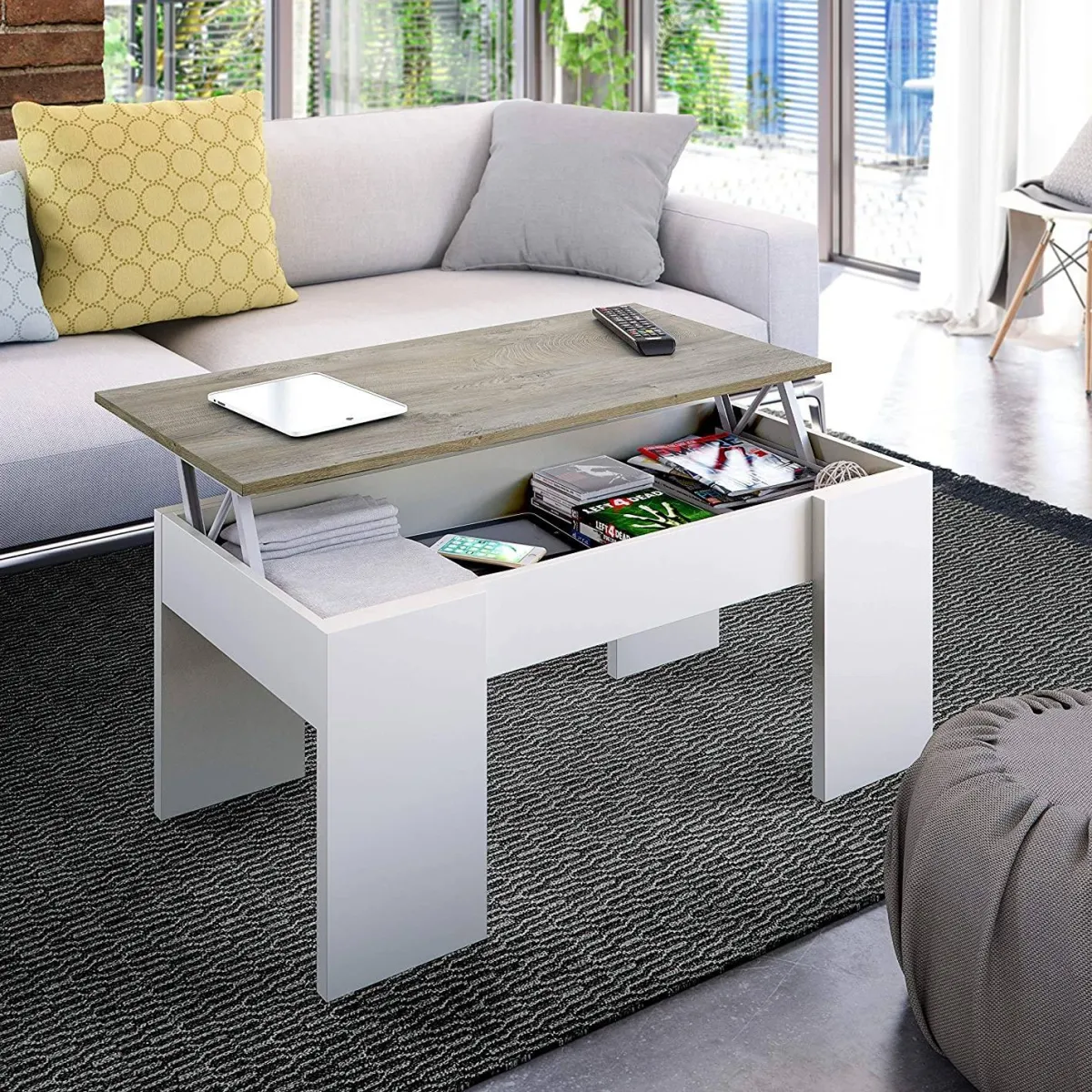 Salotto > Dmora Tavolino da salotto Dleal, 100x50h45/56 cm, Bianco e Rovere Nodi Marrone, Bianco Rovere Nodi