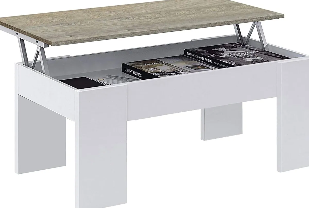 Salotto > Dmora Tavolino da salotto Dleal, 100x50h45/56 cm, Bianco e Rovere Nodi Marrone, Bianco Rovere Nodi