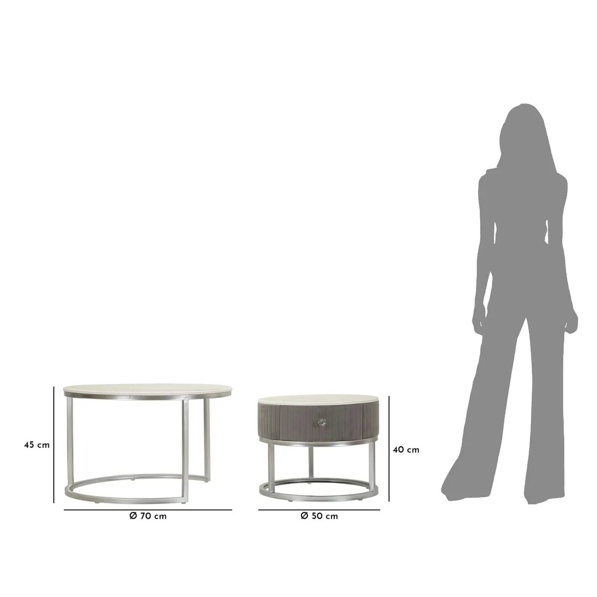 Tavolini Da Salotto > Dmora Tavolino da Salotto Grigio Argento un Cassetto Rivestimento in Tessuto Imbottito Modulabile 70x70x45h cm, un Vano - Daza Argento, Grigio