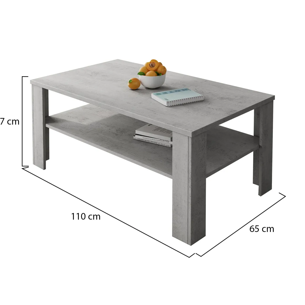 Tavolino da Salotto Grigio Cemento un Vano Forma Rettangolare 110x65x47h cm, Sfumatura Colore Ripiano Cemento - Rora