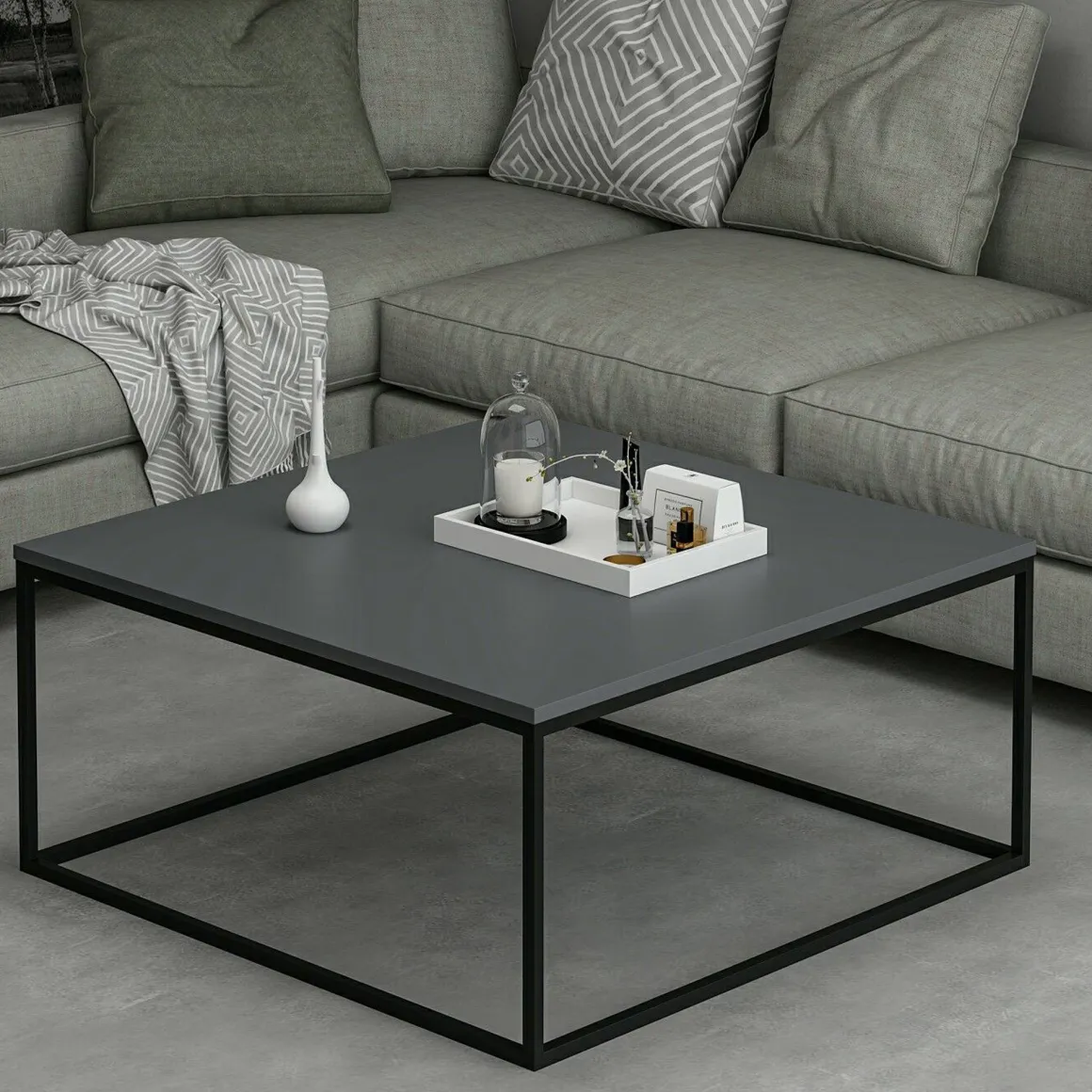 Tavolino da Salotto Grigio Nero un Vano Forma Rettangolare 90x90x42h cm, Colore Struttura Nero - Arcella