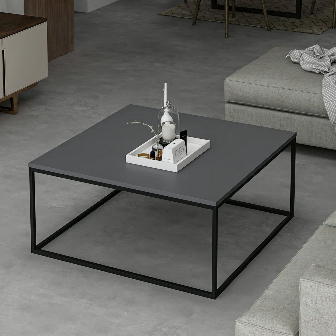 Tavolino da Salotto Grigio Nero un Vano Forma Rettangolare 90x90x42h cm, Colore Struttura Nero - Arcella