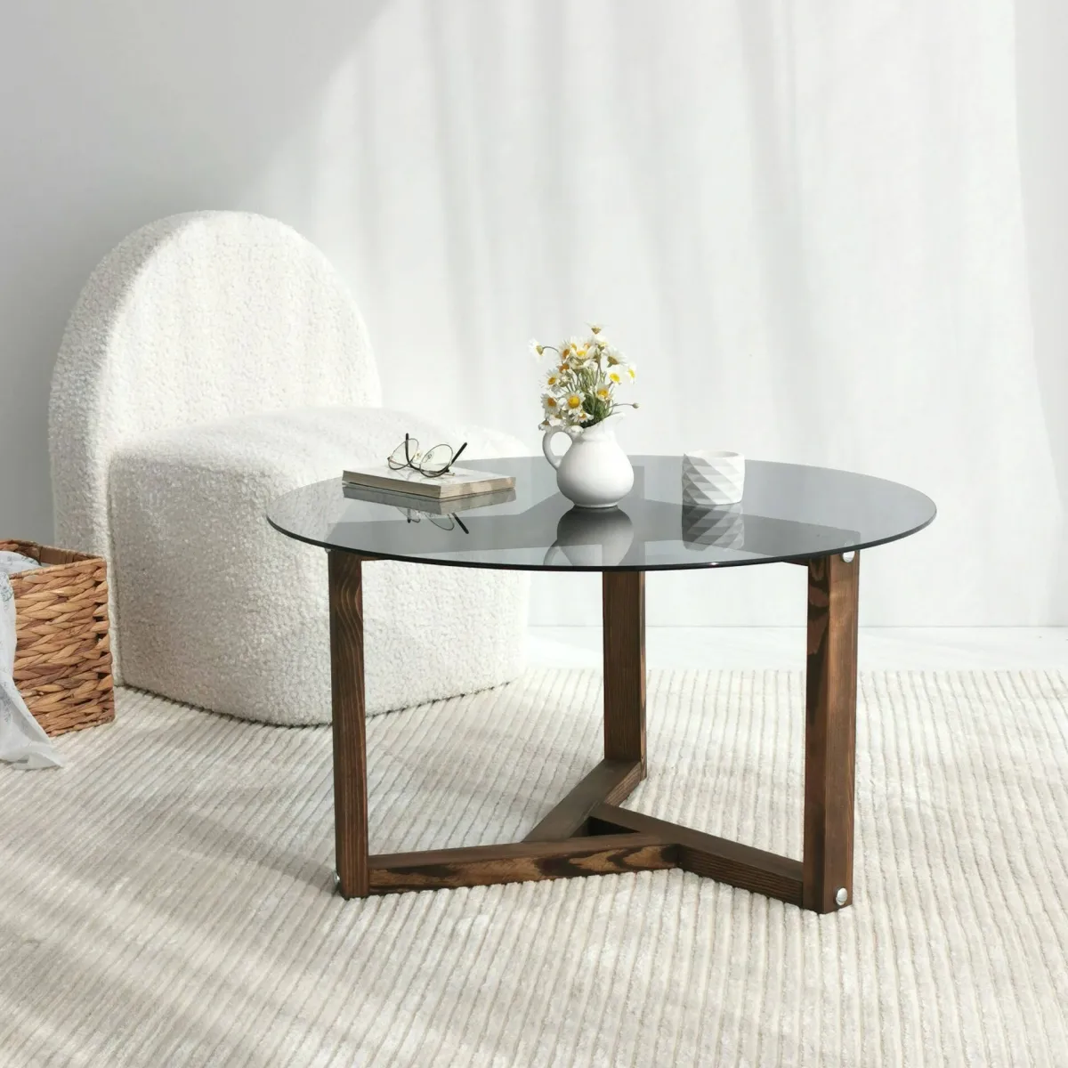 Tavolini Da Salotto|Salotto > Dmora Tavolino da Salotto Effetto Fume Forma Rotonda 75x75x40h cm, Materiale Struttura in Vetro - Luigia Grigio Noce
