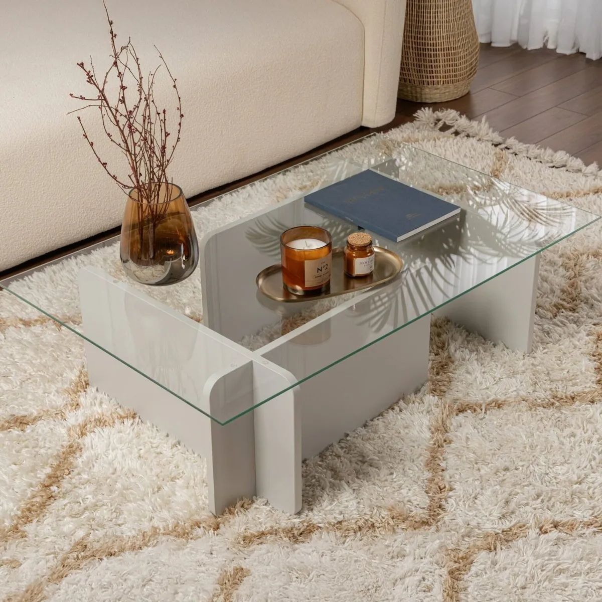 Tavolini Da Salotto > Dmora Tavolino da Salotto Portariviste Forma Rettangolare 105x65x30h cm, Materiale Piano in Vetro - Kallias Grigio