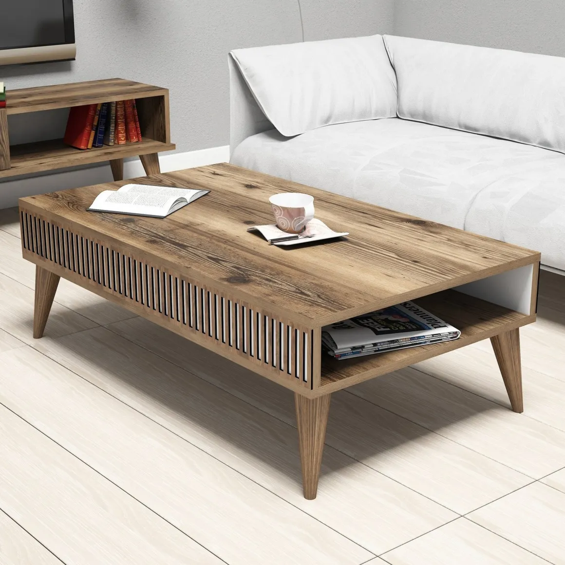 Tavolini Da Salotto > Dmora Tavolino da Salotto Marrone Noce Bianco un Vano Forma Rettangolare 80x50x35h cm, Colore Ripiano Marrone - Cambiago Bianco, Marrone Noce