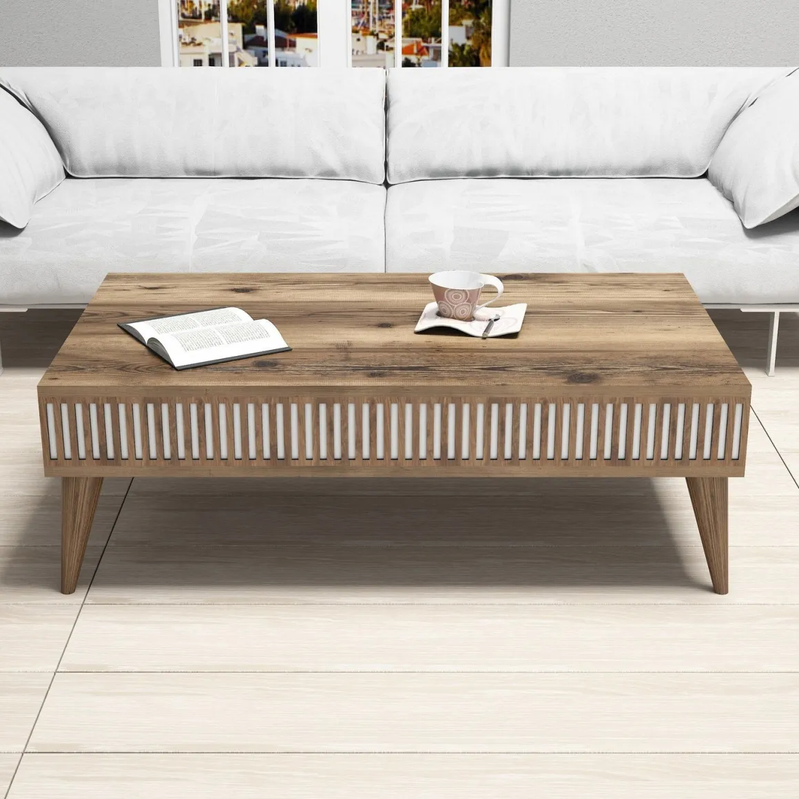 Tavolini Da Salotto > Dmora Tavolino da Salotto Marrone Noce Bianco un Vano Forma Rettangolare 80x50x35h cm, Colore Ripiano Marrone - Cambiago Bianco, Marrone Noce