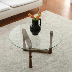 Tavolino da Salotto Marrone Noce Forma Rotonda Materiale Piano in Vetro 80x80x41h cm, Colore Ripiano Trasparente - Belvi