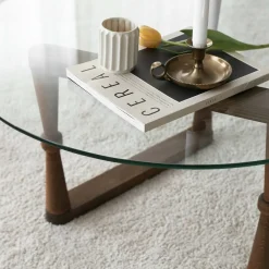 Tavolino da Salotto Marrone Noce Forma Rotonda Materiale Piano in Vetro 80x80x41h cm, Colore Ripiano Trasparente - Belvi