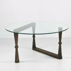 Tavolino da Salotto Marrone Noce Forma Rotonda Materiale Piano in Vetro 80x80x41h cm, Colore Ripiano Trasparente - Belvi