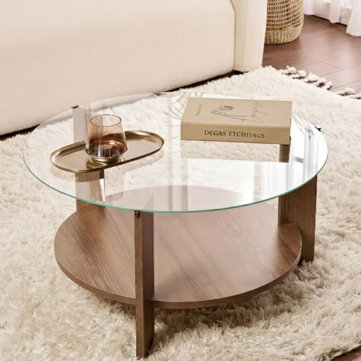 Tavolini Da Salotto > Dmora Tavolino da Salotto Forma Triangolare Materiale Piano in Vetro 86x66x36h cm, Colore Ripiano Trasparente - Volpiano Marrone Noce