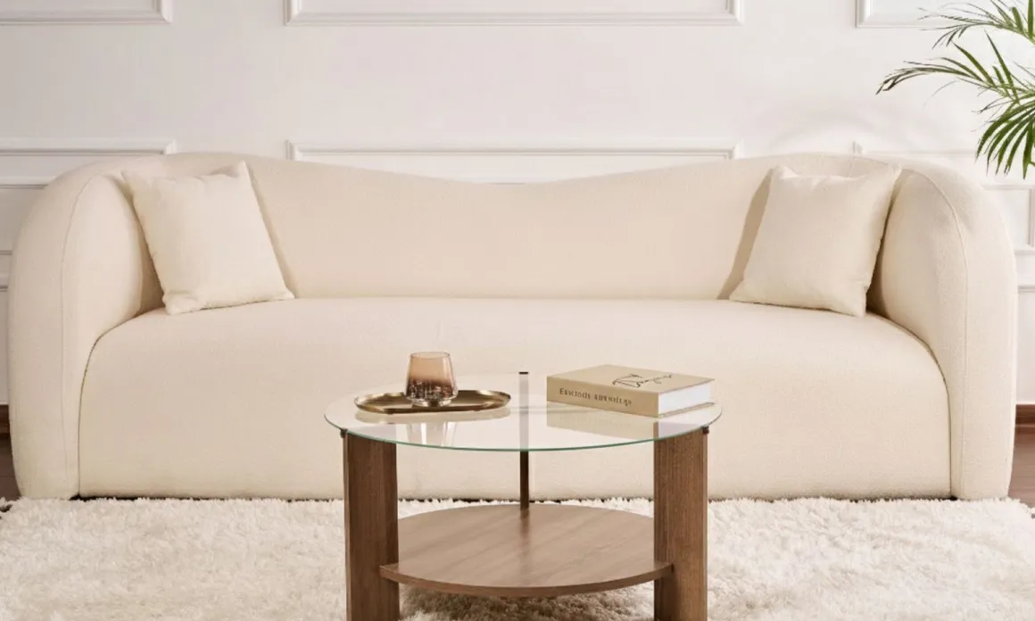 Tavolini Da Salotto > Dmora Tavolino da Salotto Forma Triangolare Materiale Piano in Vetro 86x66x36h cm, Colore Ripiano Trasparente - Volpiano Marrone Noce