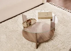 Tavolini Da Salotto > Dmora Tavolino da Salotto Forma Triangolare Materiale Piano in Vetro 86x66x36h cm, Colore Ripiano Trasparente - Volpiano Marrone Noce