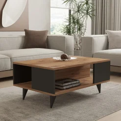 Tavolino da Salotto Marrone Noce Nero Antracite un Vano con Piedini 90x60x40h cm, Forma Rettangolare - Lurano