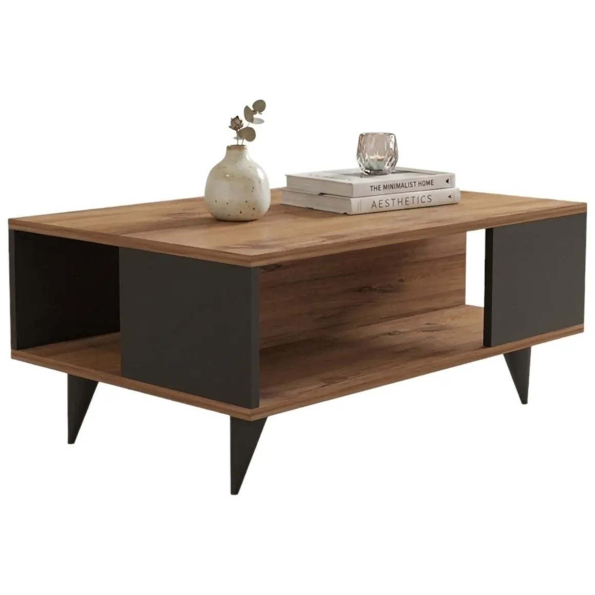 Tavolino da Salotto Marrone Noce Nero Antracite un Vano con Piedini 90x60x40h cm, Forma Rettangolare - Lurano
