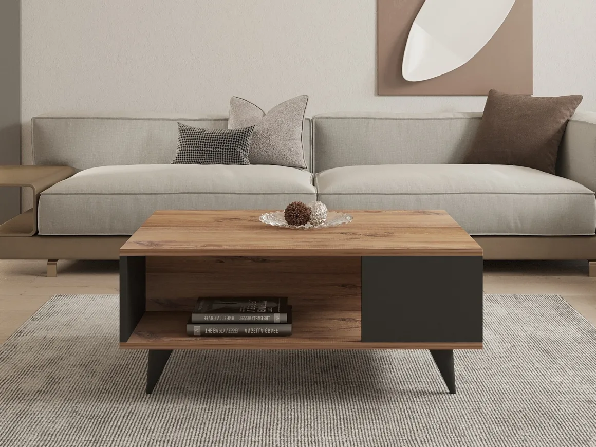 Tavolino da Salotto Marrone Noce Nero Antracite un Vano con Piedini 90x60x40h cm, Forma Rettangolare - Lurano