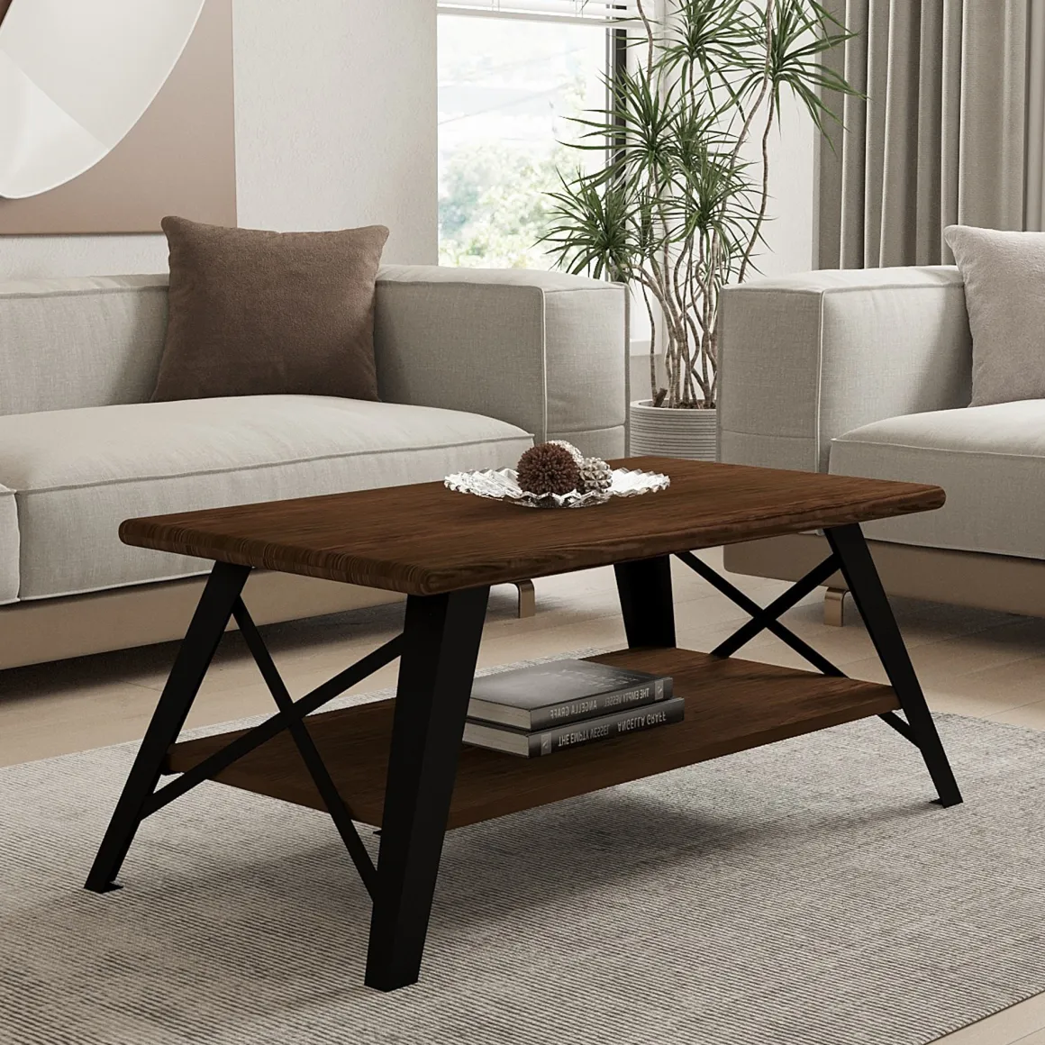 Tavolini Da Salotto > Dmora Tavolino da Salotto Marrone Noce Nero set 3 Pezzi Forma Rettangolare 35x60x45h cm, Colore Ripiano Marrone - Cetara Nero, Marrone Noce
