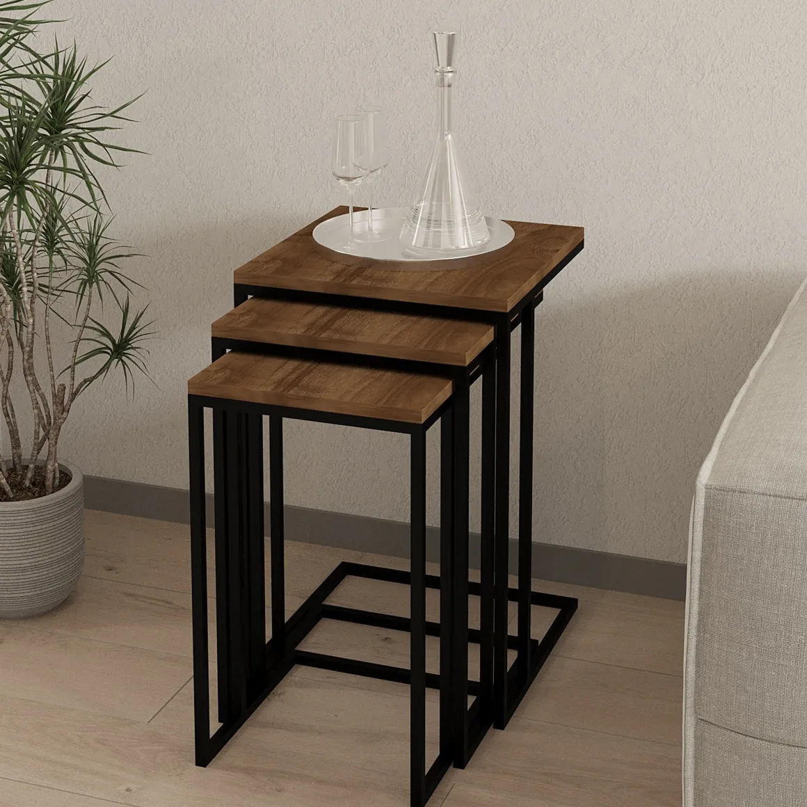 Tavolini Da Salotto > Dmora Tavolino da Salotto Marrone Noce Nero set 3 Pezzi Forma Rettangolare 40x40x62h cm, Colore Ripiano Marrone - Zignago Nero, Marrone Noce