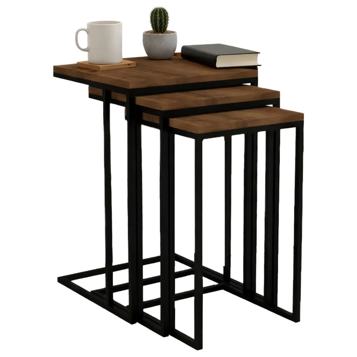 Tavolini Da Salotto > Dmora Tavolino da Salotto Marrone Noce Nero set 3 Pezzi Forma Rettangolare 40x40x62h cm, Colore Ripiano Marrone - Zignago Nero, Marrone Noce