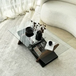 Tavolini Da Salotto > Dmora Tavolino da Salotto Piano in Vetro Temperato Forma Ovale 100x100x47h cm, Materiale Struttura in Vetro - Gargallo Marrone Noce