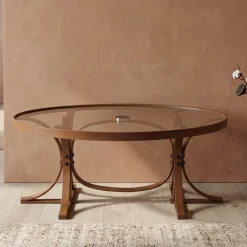 Tavolini Da Salotto > Dmora Tavolino da Salotto Piano in Vetro Temperato Forma Rotondo 75x75x35h cm, Sfumatura Colore Struttura Noce - Cornalba Marrone Noce