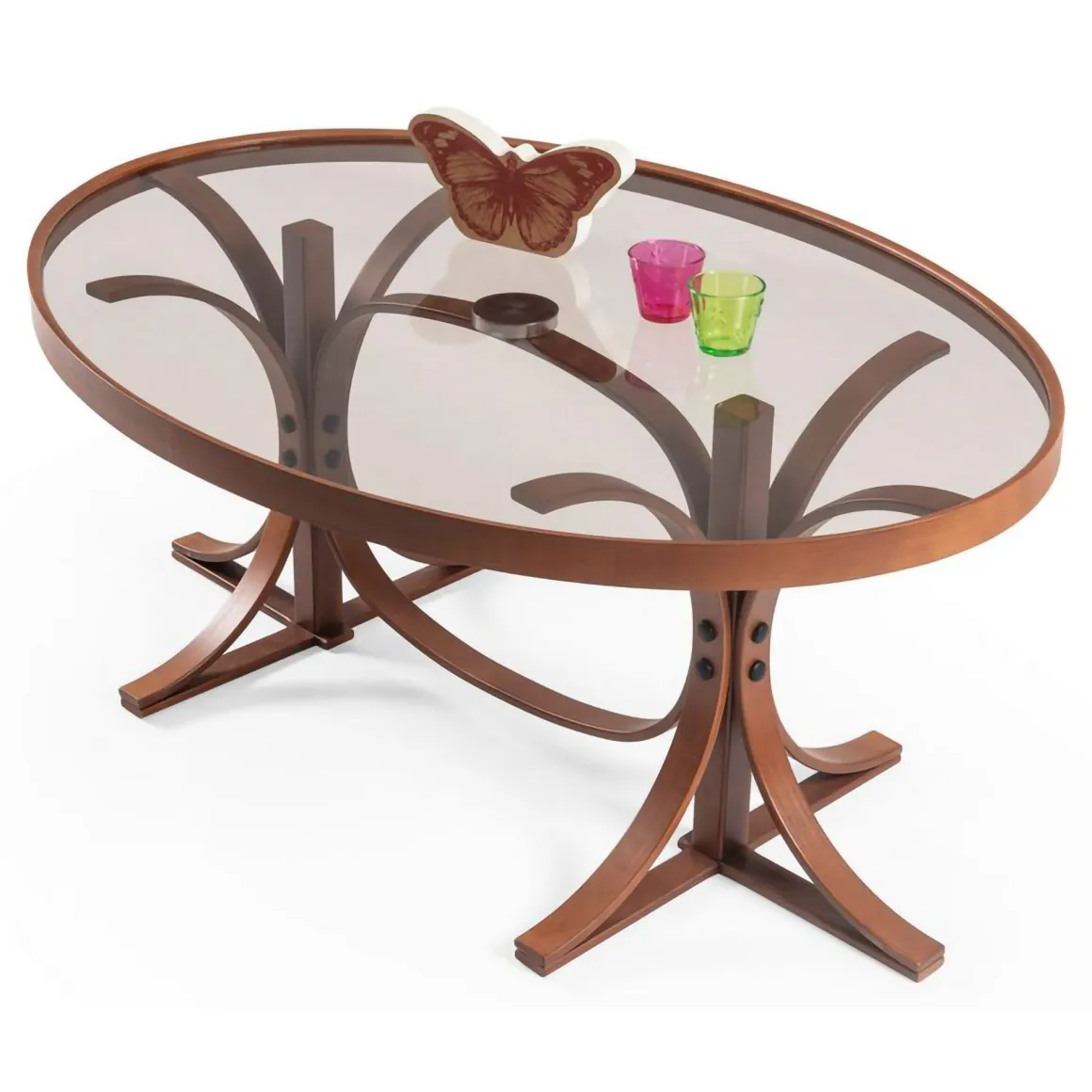 Tavolino da Salotto Marrone Noce Piano in Vetro Temperato Forma Ovale 112x78x47h cm, Materiale Struttura in Vetro - Sommo