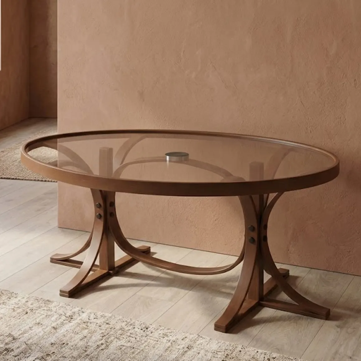 Tavolino da Salotto Marrone Noce Piano in Vetro Temperato Forma Ovale 112x78x47h cm, Materiale Struttura in Vetro - Sommo