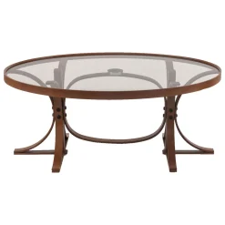 Tavolino da Salotto Marrone Noce Piano in Vetro Temperato Forma Ovale 112x78x47h cm, Materiale Struttura in Vetro - Sommo