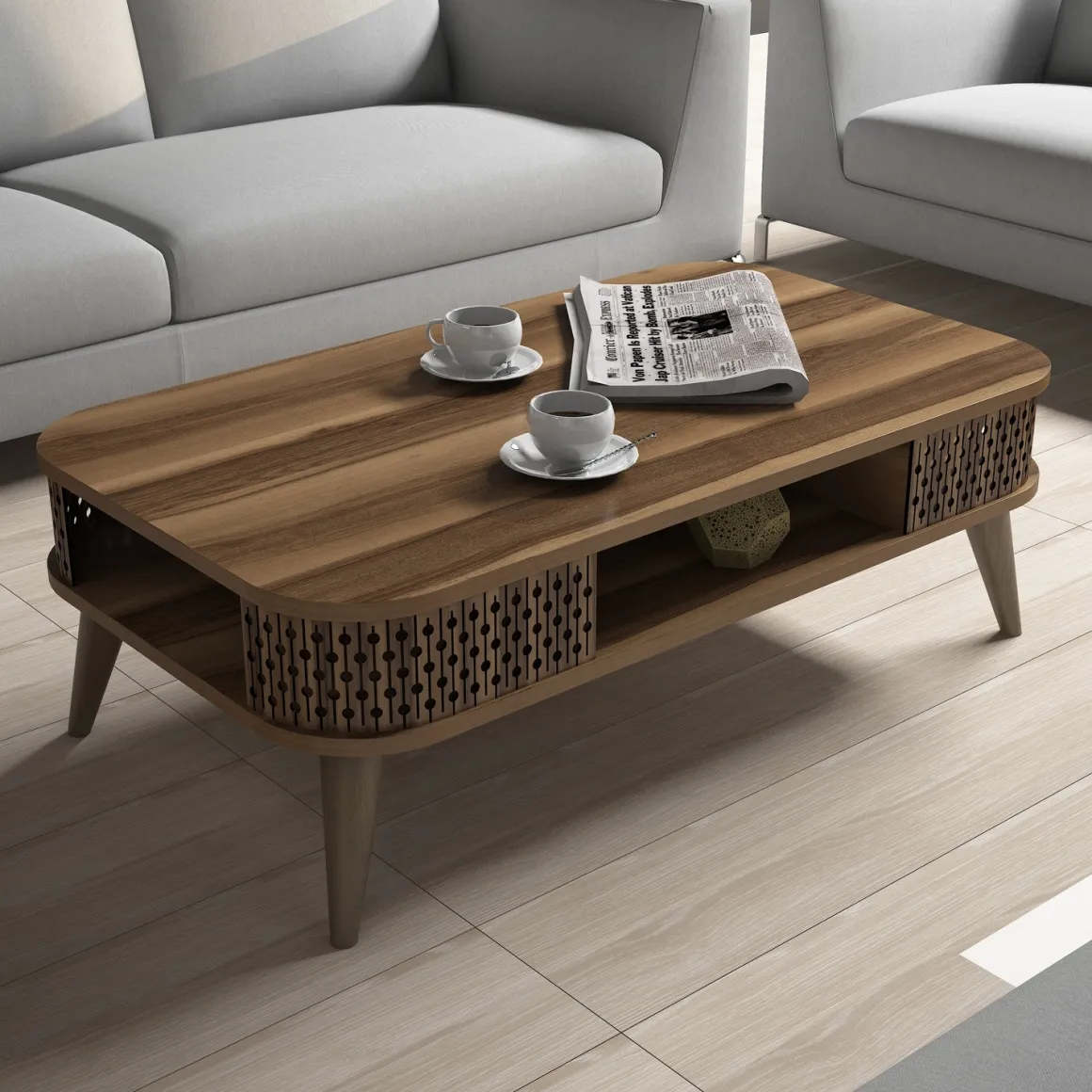 Tavolini Da Salotto > Dmora Tavolino da Salotto set 3 Pezzi Forma Rettangolare 49x36x42h cm, Sfumatura Colore Ripiano Noce - Cerrione Marrone Noce