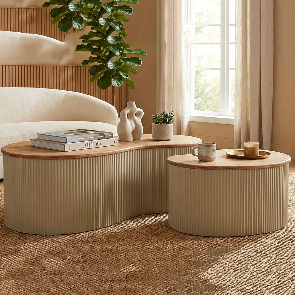 Tavolino da Salotto Marrone Rovere Beige set da 2 Colore Ripiano Marrone 37x58x92h cm, Materiale Struttura in Metallo - Kashan
