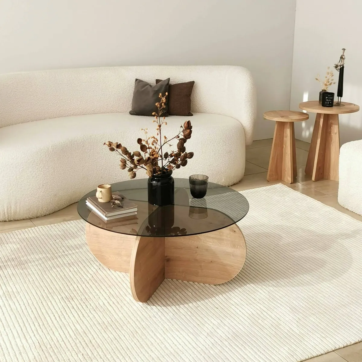 Tavolini Da Salotto|Salotto > Dmora Tavolino da Salotto Effetto Fume Forma Rotonda 75x75x35h cm, Materiale Struttura in Vetro - Nila Marrone Rovere