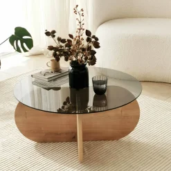 Tavolini Da Salotto|Salotto > Dmora Tavolino da Salotto Effetto Fume Forma Rotonda 75x75x35h cm, Materiale Struttura in Vetro - Nila Marrone Rovere