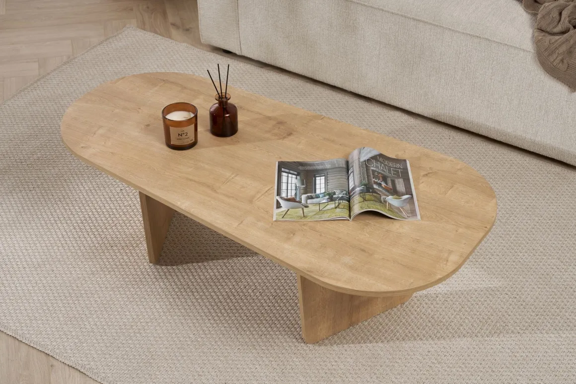 Tavolino da Salotto Marrone Rovere Forma Ovale Materiale Piano in Legno Nobilitato 130x65x40h cm, Colore Ripiano Marrone - Dozza
