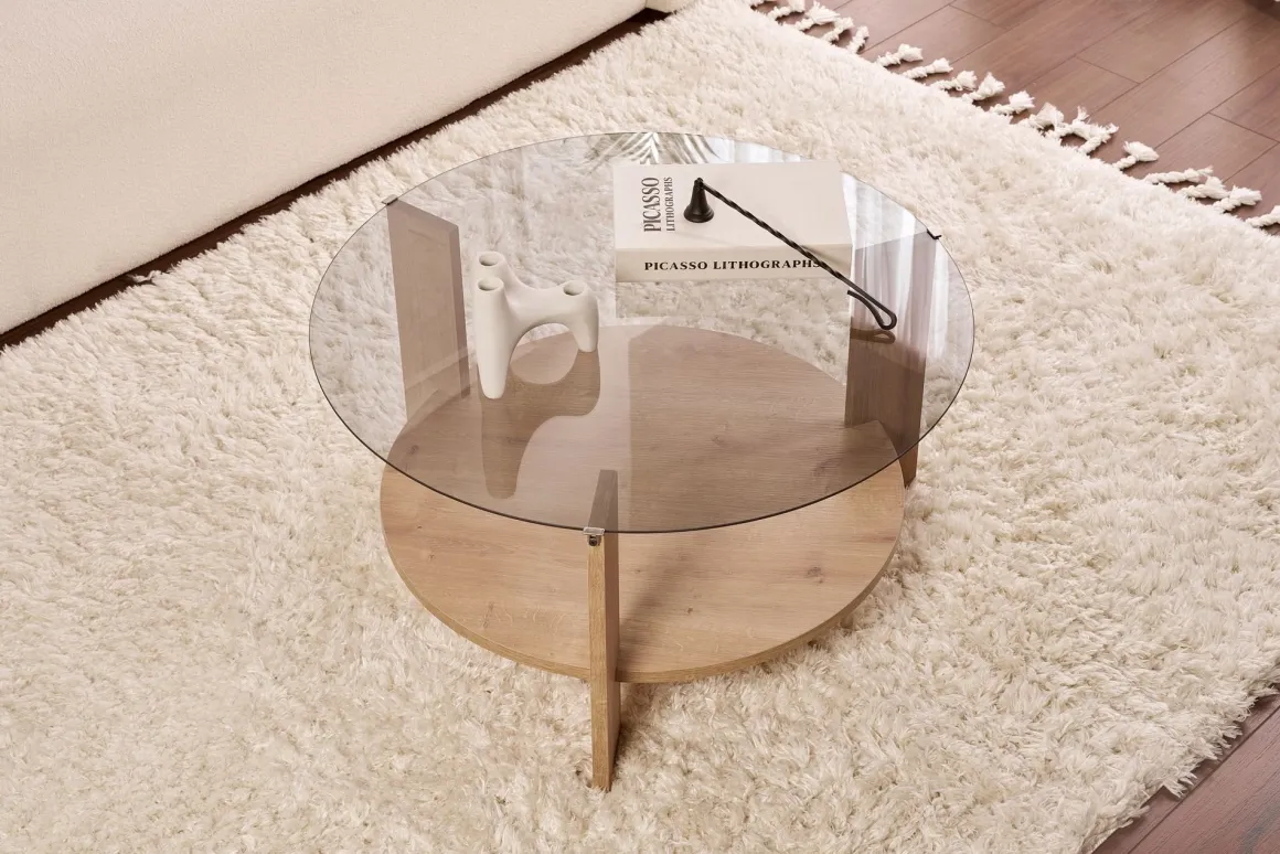 Tavolino da Salotto Marrone Rovere Forma Rotondo Colore Ripiano Trasparente 75x75x40h cm, Sfumatura Colore Struttura Rovere - Canevino